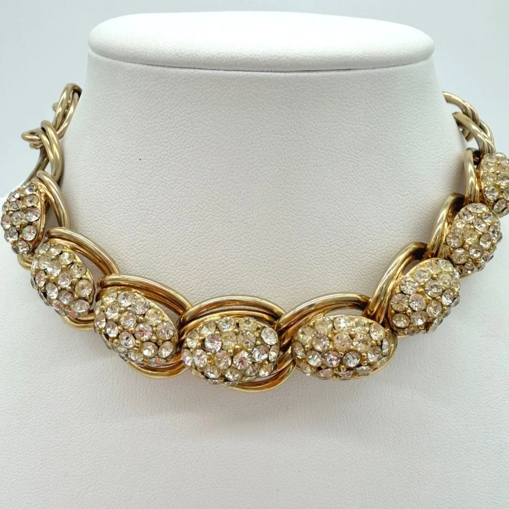 Vintage Gold Tone Rhinestone Link Necklace Chunky Statement Chain Collar